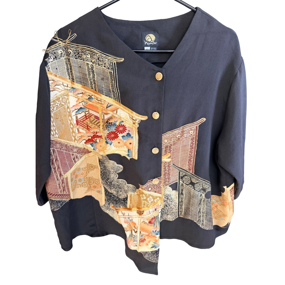 Namba Blouse Small Black Japanese Art Print Button Up 100 Silk